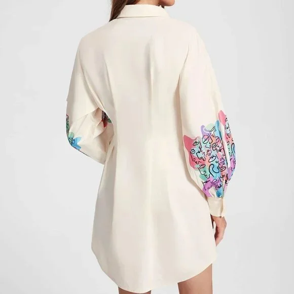 Beige Casual Womens Graphic Lantern Sleeve Fold Pleated Shirt Dress - Picture 2 of 5